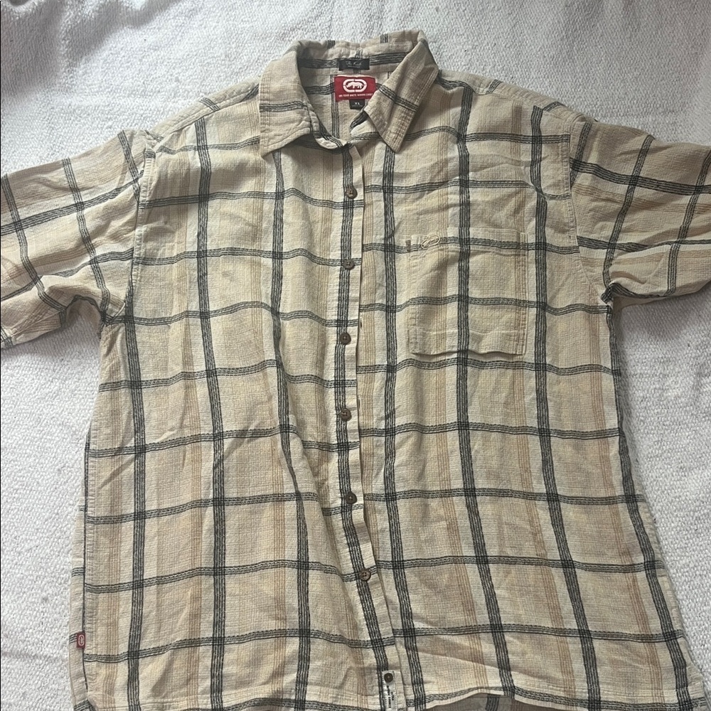 (110)Ecko Unlimited Beige and Black Plaid Shirt